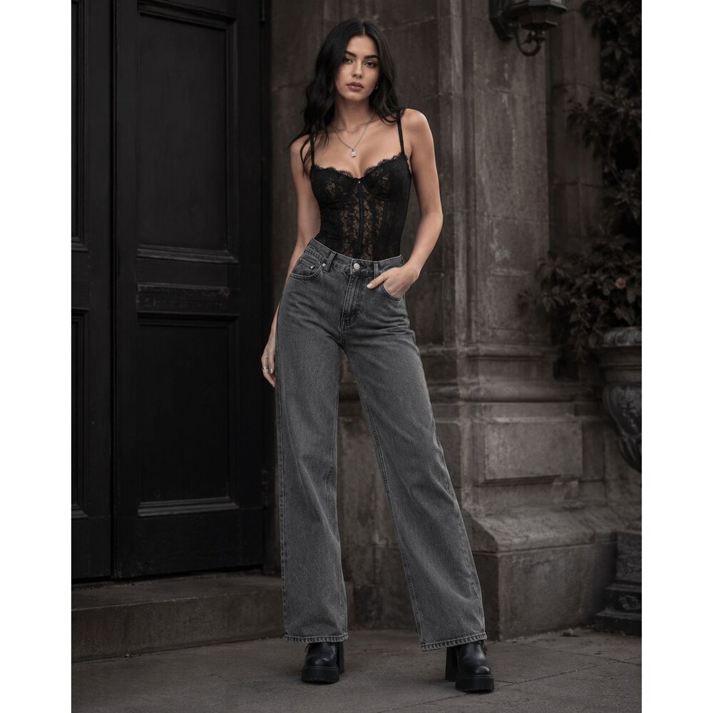 Edikted Jeans Women S Gray Washed Black Wide Leg Y2K Gothcore 100% Cotton